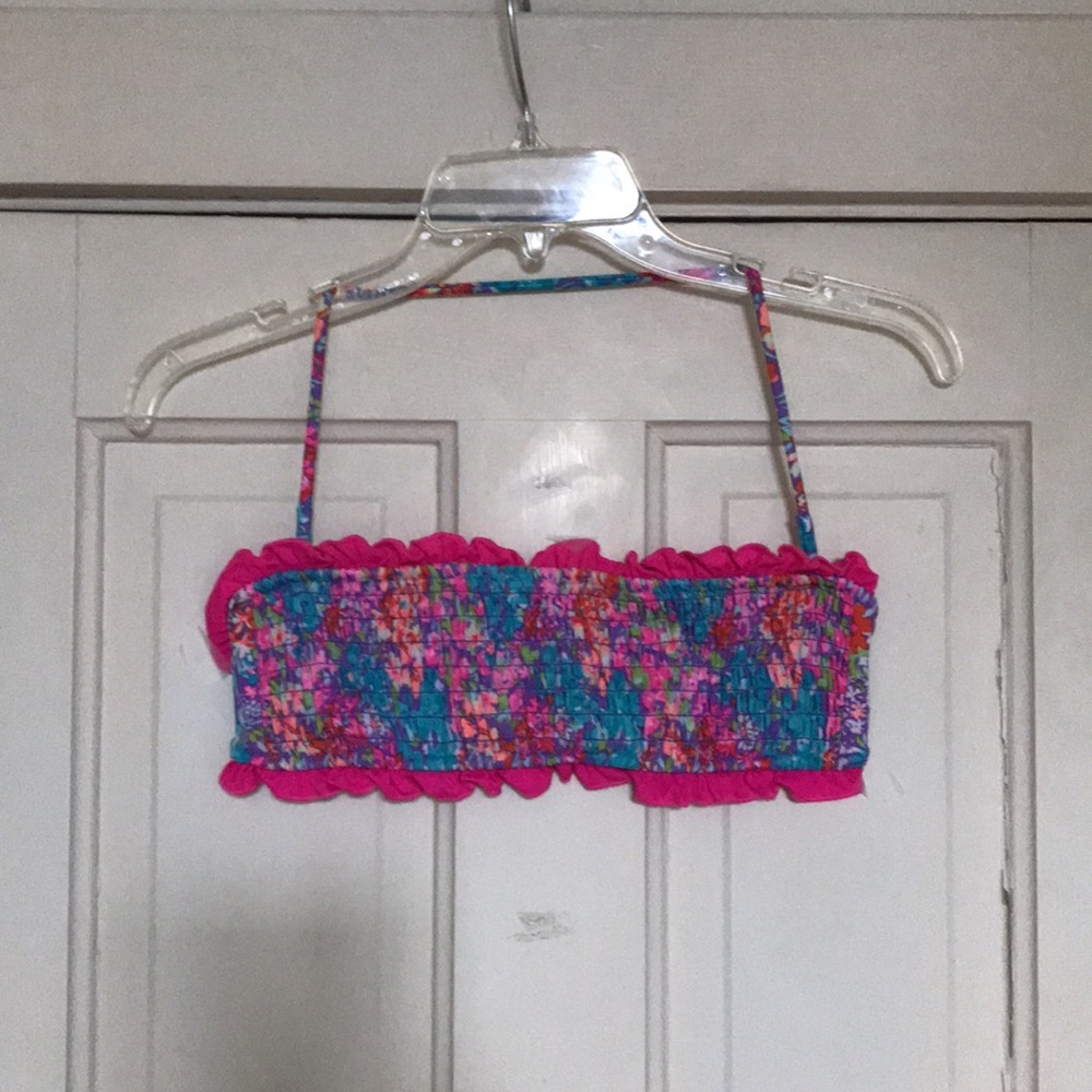 VICTORIA'S SECRET Pink Floral Ruffled Smocked bikini Top bandeau swimsuit M